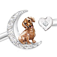 I Love My Dog To The Moon And Back Womens Sterling Silver Plated Bangle Style Bracelet Featuring A Sculpted Hand Enameled Dog With A Crescent Moon Design Adorned With Swarovski Crystals