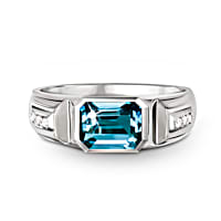 Gentlemans Choice Sterling Silver Plated Ring Featuring A London Blue Topaz Centre Stone Accented With 3 Diamonds On Each Side