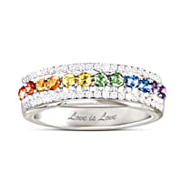 Ladies Pride Sterling Silver Rhodium Plated LGBTQ Pride Ring Adorned With 12 Rainbow Hued Swarovski Crystals That Pay Tribute To The Pride Flag