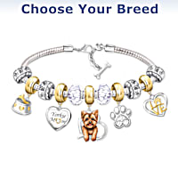 Dog Mom Womens 18K Gold Sterling Silver Plated Charm Bracelet Adorned With 11 Individual Dog Themed Beads and Charms