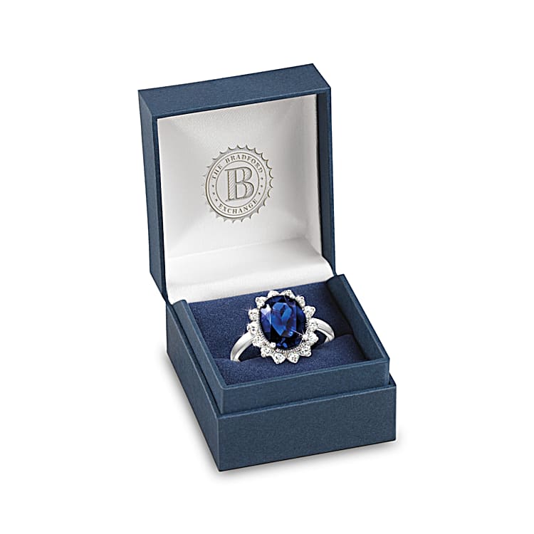 Princess Diana Replica Ring With Created Blue Sapphire Centre Stone And 14 Simulated Diamonds