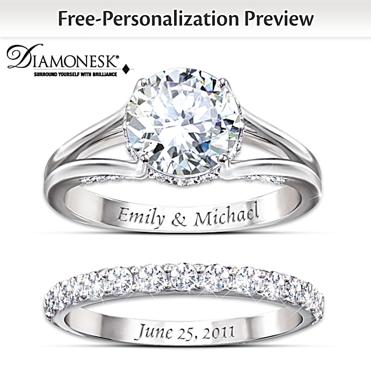 4 Carat Platinum Plated Silver Personalized Bridal Ring Set