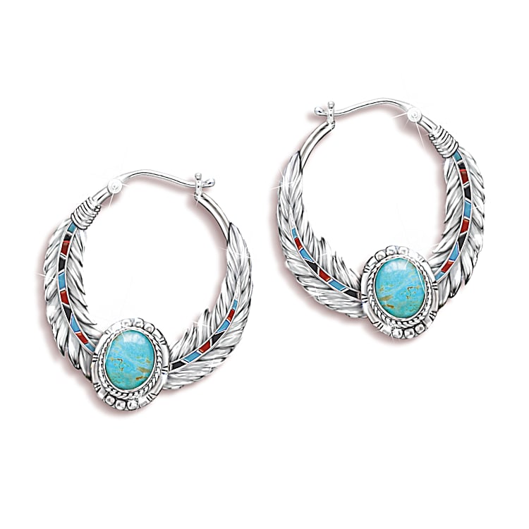 Sedona Sky Genuine Turquoise Cabochon Womens Hoop Earrings