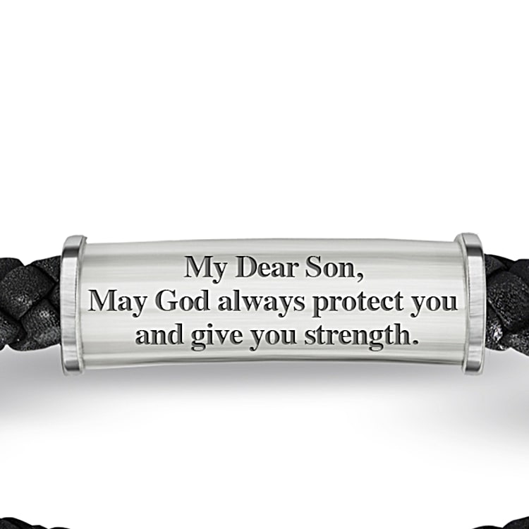 Bracelet Protection And Strength For My Son Leather And Steel Cross Mens Bracelet