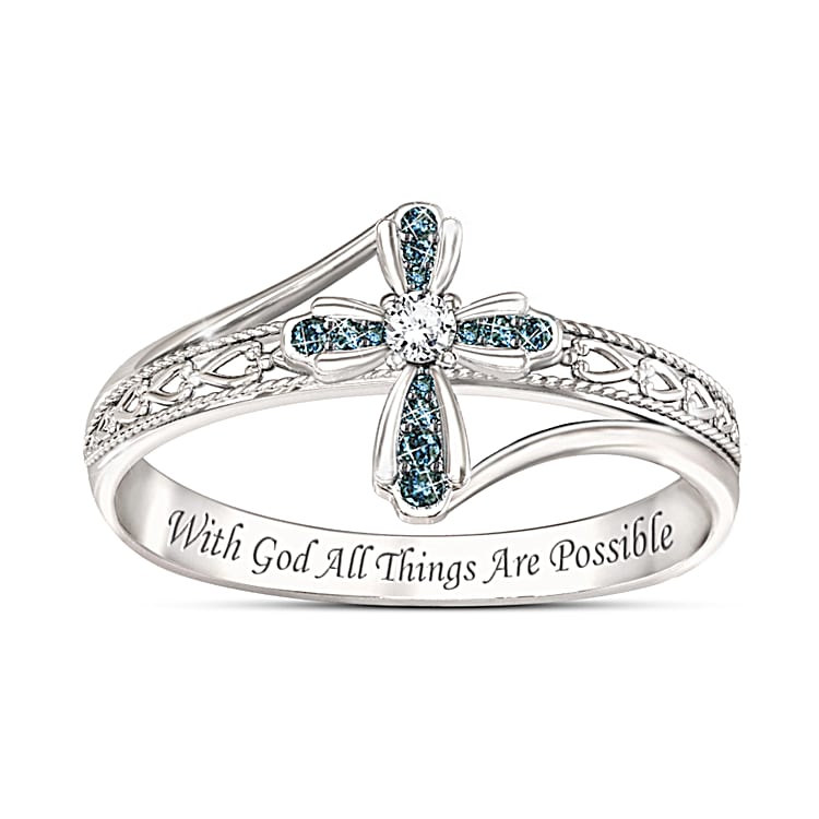 Engraved Heavenly Grace Genuine Blue Diamond Cross Ring