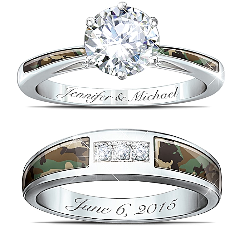 Camo His And Hers Personalized Engraved Wedding Ring Set