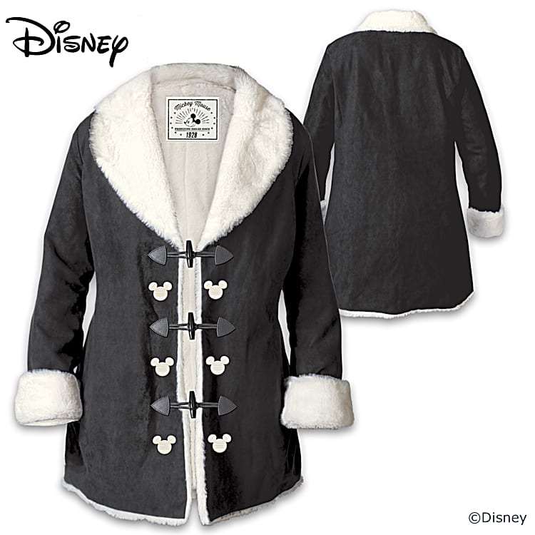 Disney Cozy Classic Womens Faux Suede Jacket With Toggle Closures Embroidered Mickey Mouse Silhouettes