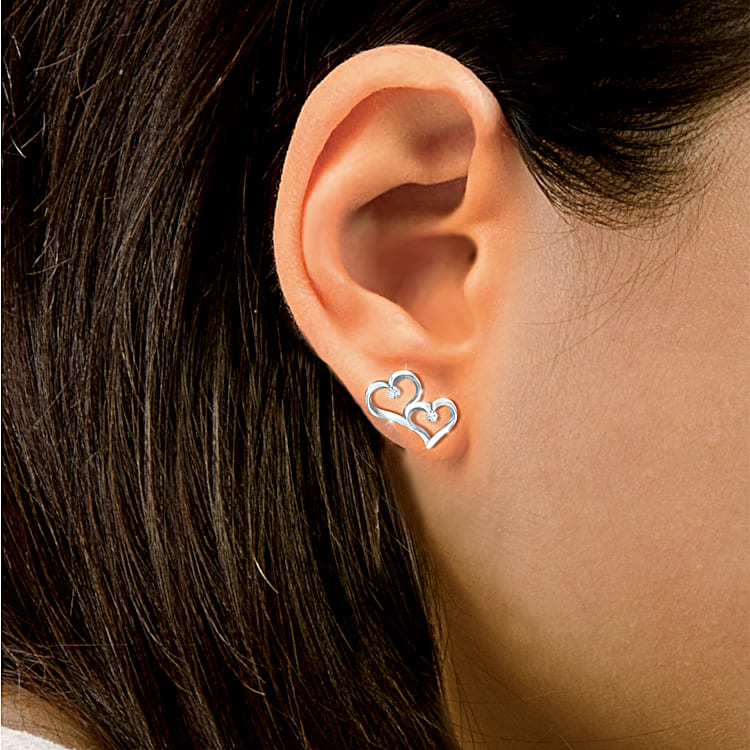 Always My Granddaughter Sterling Silver Earrings Featuring 2 Gracefully Sculpted Hearts Each Set With A Diamond