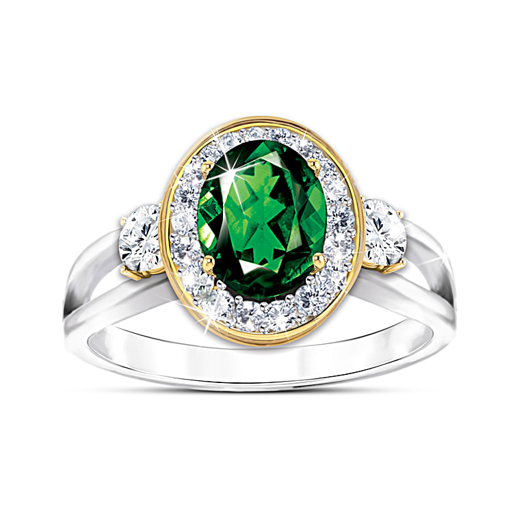 Earthly Beauty Womens Million Dollar Emerald Chrome Diopside Ring With White Topaz Gemstones 18K Gold Plated Accents
