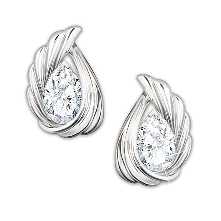 Heavens Whisper Teardrop Shaped White Topaz Earrings Featuring Unique Angel Wing Design