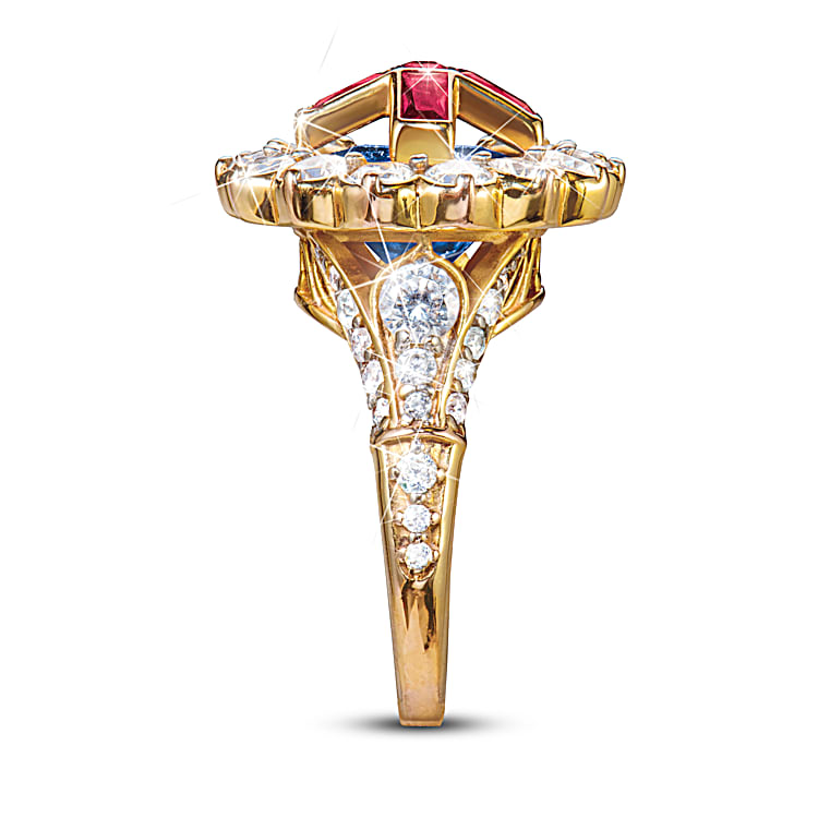 Royal Coronation Queen Elizabeth II Inspired 18K Gold Plated Ring Featuring A Crown Shaped Design Adorned With Over 9 Carats Of Simulated Gemstones