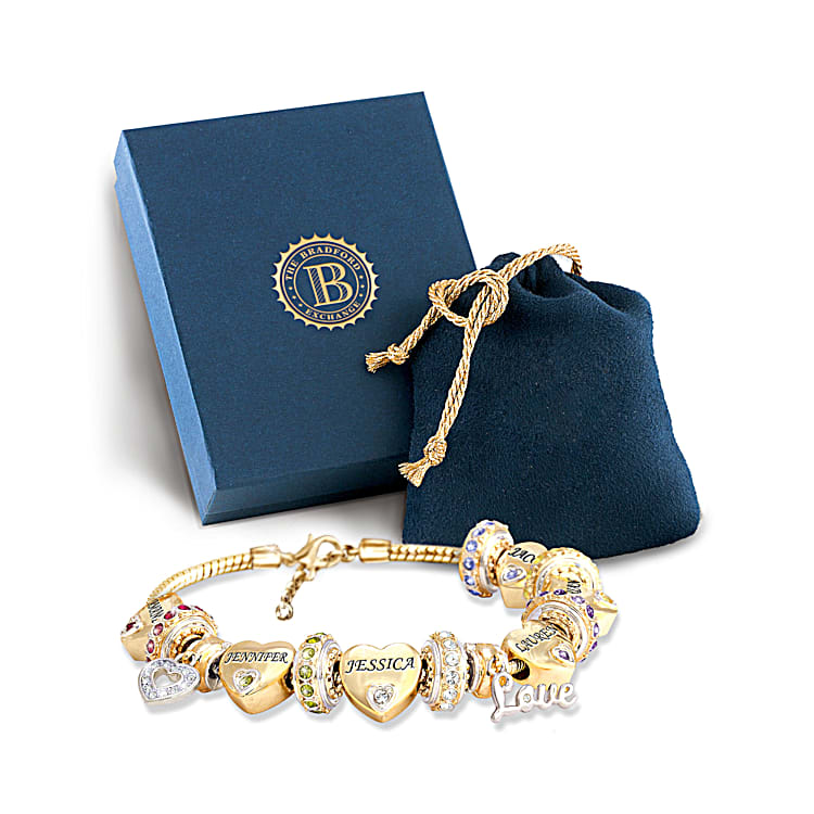 Forever In A Mothers Heart Womens 18K Gold Plated Personalized Birthstone Bracelet With Swarovski Crystals