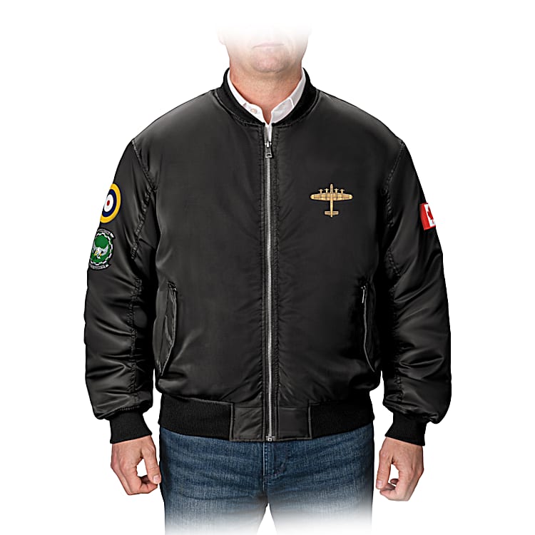 The Dambusters Lancaster Bomber Mens Flight Jacket Featuring Custom Embroidery Historically Inspired Sleeve Patches