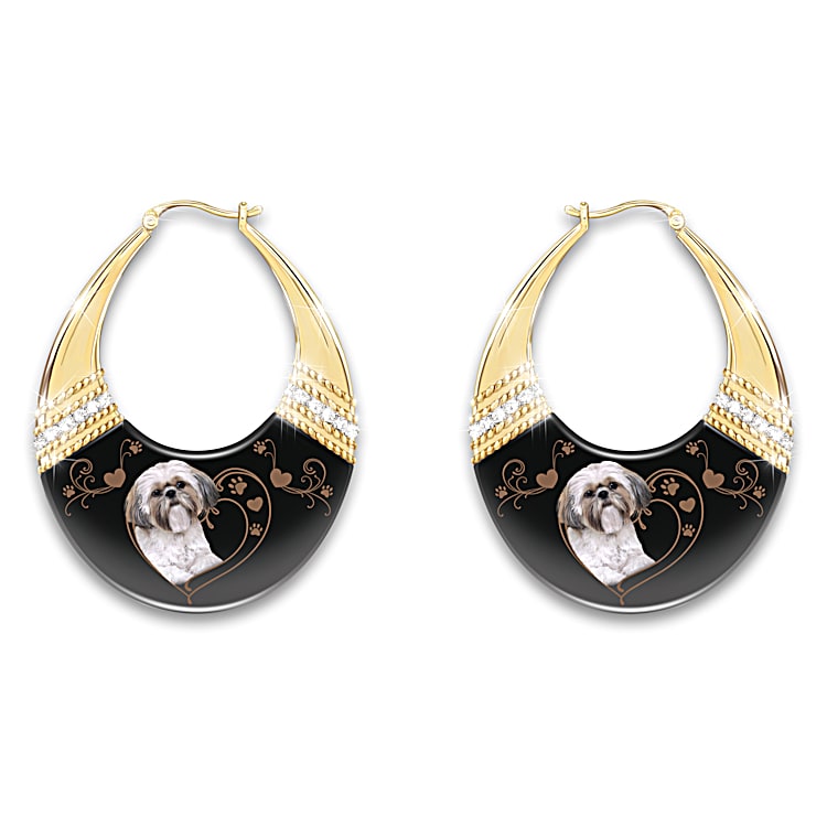 Gold Toned Hoop Earrings Featuring Shih Tzu Artwork And Adorned