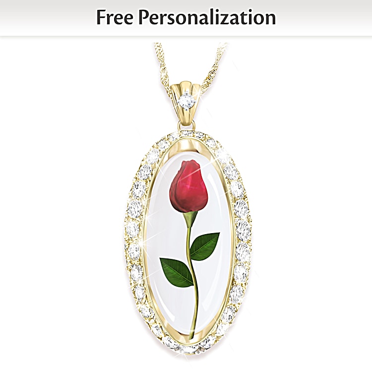 Forever Rose Of Love Womens Personalized 18K Gold Plated Pendant Necklace Featuring A Real Preserved Rosebud Adorned With 20 Crystals