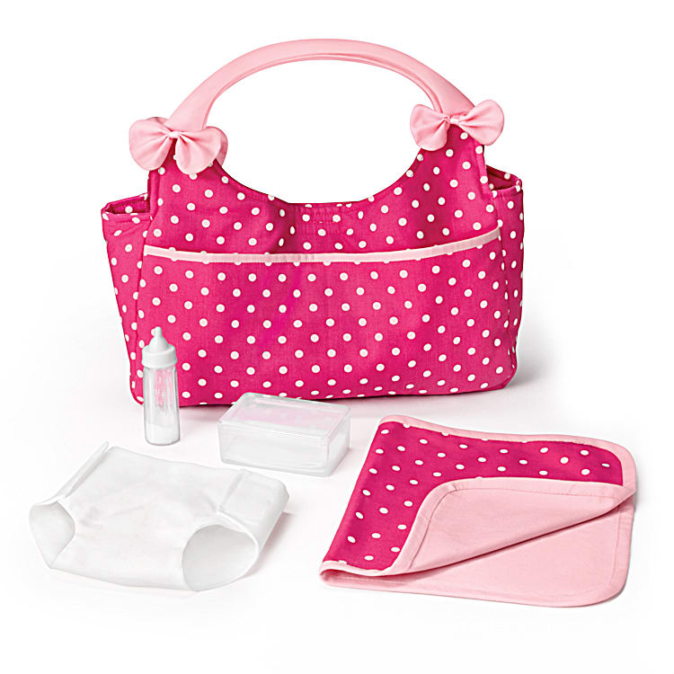 Polka Dot Diaper Bag With Large Front Pocket Inside Pouches Baby Doll Accessory Set