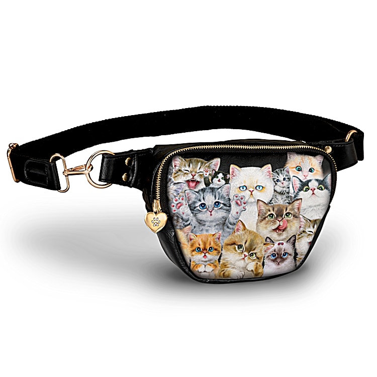 Sassy Cats Womens Black Faux Leather Belt Bag Featuring Playful Cat Art By Kayomi Harai With A Heart Shaped Zipper Pull Charm