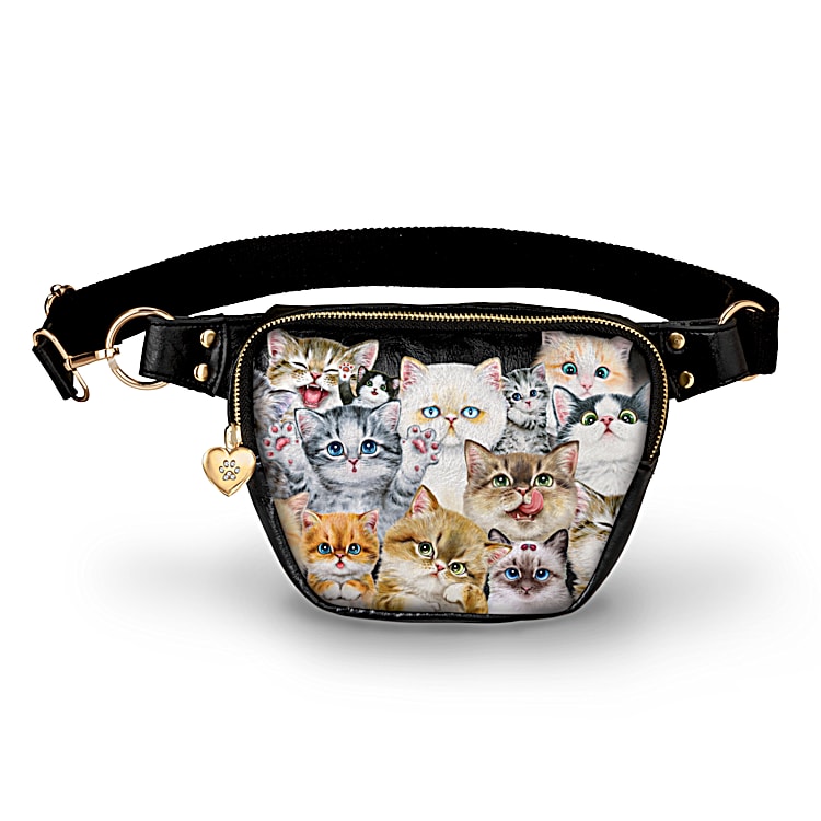 Sassy Cats Womens Black Faux Leather Belt Bag Featuring Playful Cat Art By Kayomi Harai With A Heart Shaped Zipper Pull Charm