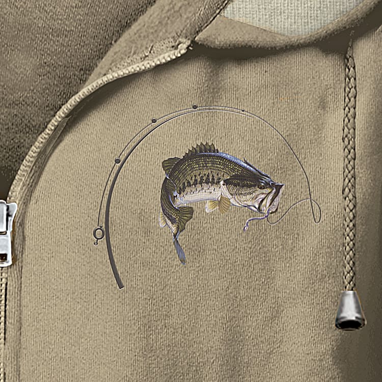 Fish On! Mens Full-Zip Hoodie Featuring Fishing Art By