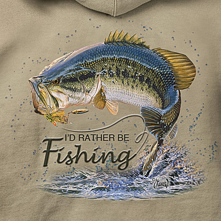 Fish On Mens Full Zip Hoodie Featuring Fishing Art By Artist Al Agnew With An Avid Anglers Favourite Sentiment Id Rather Be Fishing On The Back