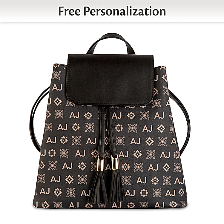Just My Style Womens Personalized Black Faux Leather Convertible Backpack Featuring An All Over Pattern That Incorporates Two Monogrammed Initials Of Your Choice With A Detachable Strap