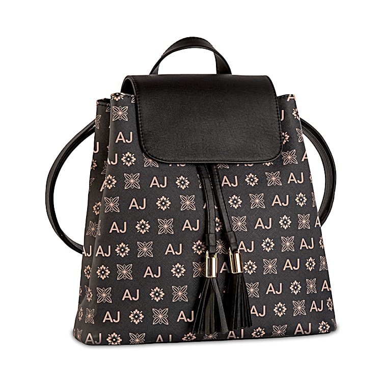 Just My Style Womens Personalized Black Faux Leather Convertible Backpack Featuring An All Over Pattern That Incorporates Two Monogrammed Initials Of Your Choice With A Detachable Strap