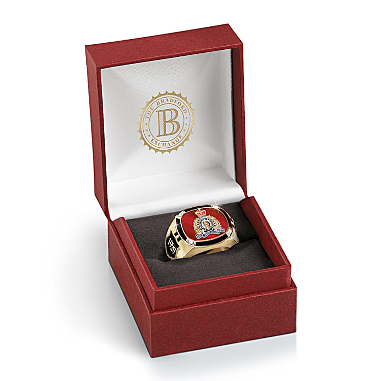 Pride Of Canada Mens 14K Gold Plated Ring Featuring The RCMP Insignia In the Center With 4 Clear Crystalline Gems Set Upon Each Corner Of The Ring s Base