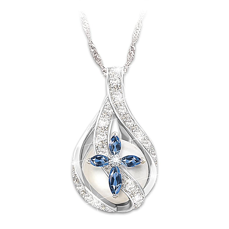 Gods Loving Embrace Womens Sterling Silver Pendant Necklace Featuring A Blue Created Sapphire Religious Cross A Cultured Freshwater Pearl Adorned With One Dozen Diamonds