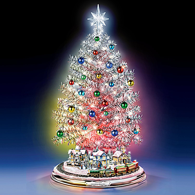 Thomas Kinkade オルゴール LED 照明 クリスマスツリー Silver Blessings Tabletop Christmas Tree Adorned With Colour