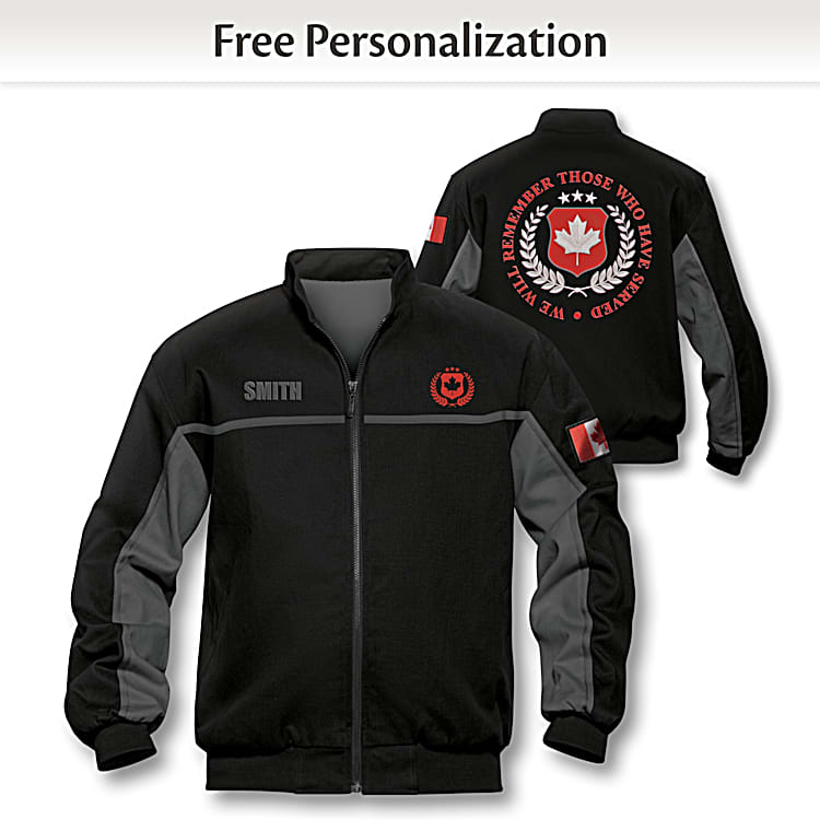 Canadian Heroes Personalized Patriotic Mens Black Woven Twill Jacket Featuring Full Colour Inspirational Artwork That Honours Canadas Brave Veterans