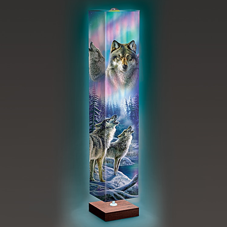 Aurora Borealis Floor Lamp Featuring Vibrant Wolf Art By