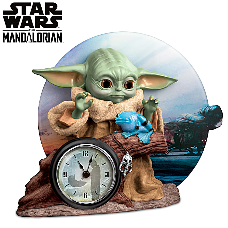 STAR WARS The Mandalorian Grogu Hand Painted Sculptural Desk Clock Featuring The Child Reaching For A Delicious Snack With The Razor Crest In Its Landing Position In The Background