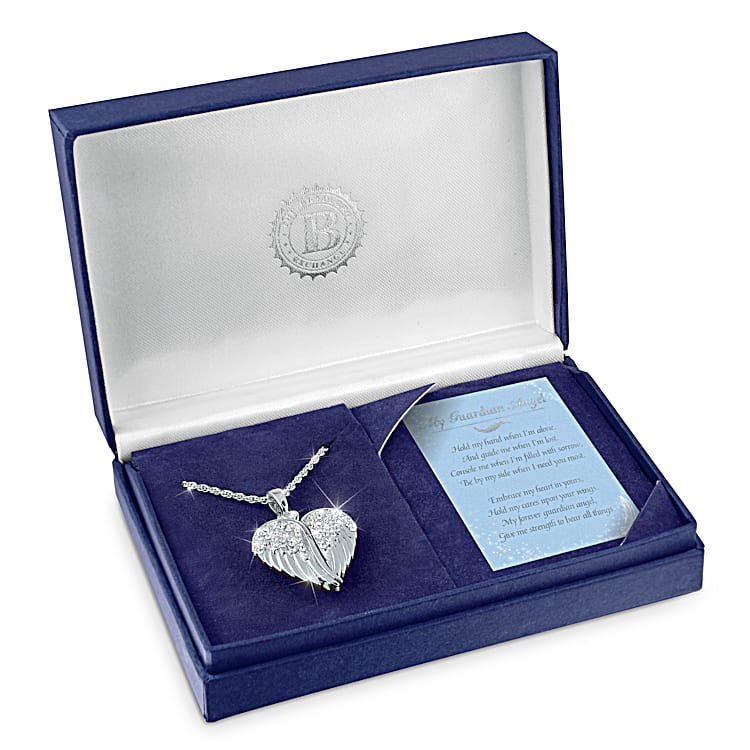 Guardian Angel Embrace Womens Sterling Silver Plated Pendant Necklace Featuring A Heart Shaped Design With Crystals A Diamond Accent