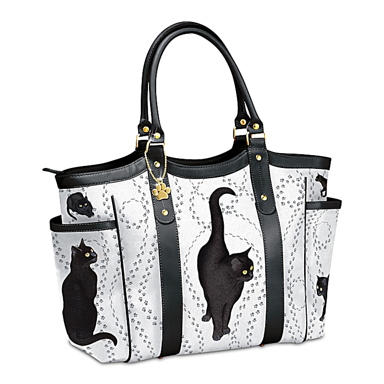 On Quiet Paws Womens White Poly Twill Tote Bag With Black Faux