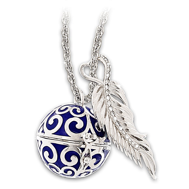 Guardian Angel Caller Rhodium Platinum Plated Ball Pendant Necklace That Opens To Reveal A Bell And