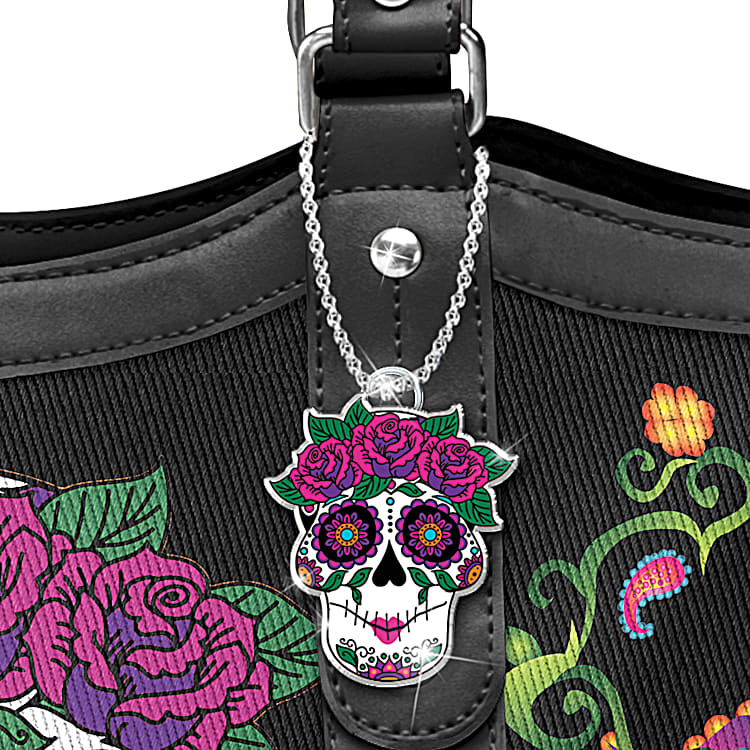 Sweet Spirits Black Poly Twill Shoulder Tote Bag With Black Faux Leather Trim Featuring Vibrant Sugar