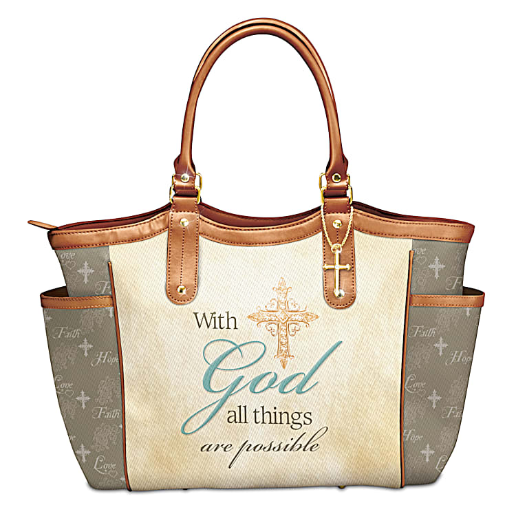 With God All Things Are Possible Tote Bag Featuring Two Side Pockets A Generous Amount Of Space With A Gold Toned Cross Charm With Crystal Accent