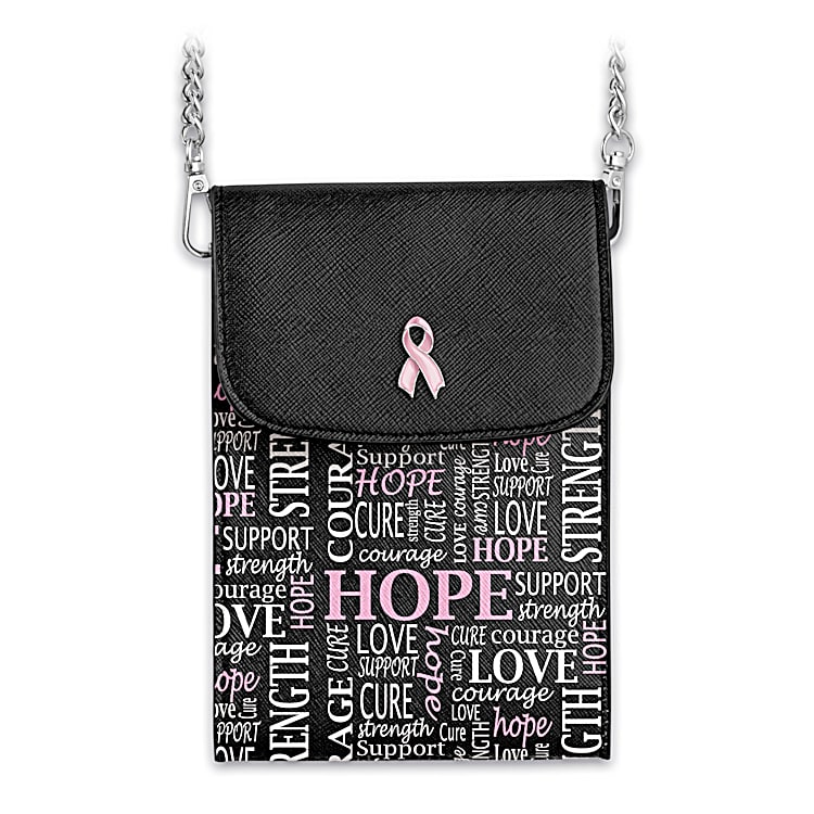 Hope For A Cure Black Faux Leather Crossbody Cell Phone Handbag Featuring A Pink Breast Cancer