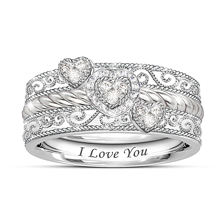 Love Grows Sterling Silver 3 In 1 Stacking Ring Featuring Detailed Scrollwork With 3 Heart Shaped Diamond Centre Stones Adorned With 12 Diamonds In All