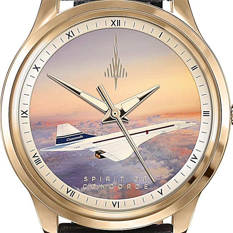 Spirit Of Concorde Mens Golden Plated Watch With Black Leather Strap Featuring Art By Artist Philip E. West Capturing The Concorde Soaring In The Sky