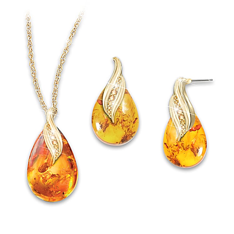 Womens 18K Gold-Plated Amber Gemstone Pendant And Earrings Set