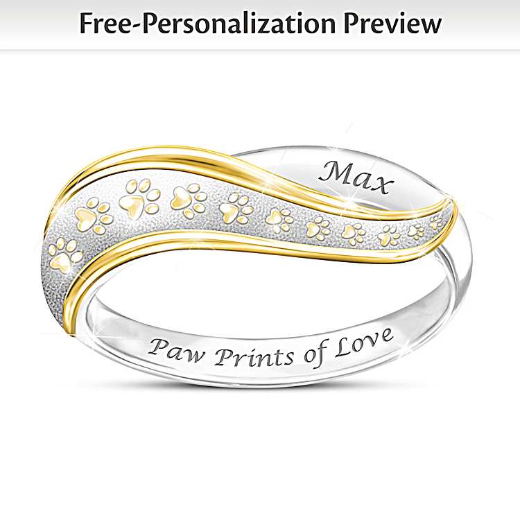 Paw Prints Of Love Sterling Silver Ring With 18K Gold Plated Accents Featuring A Wave Design With Paw Prints And Personalized With Your Cat s Name
