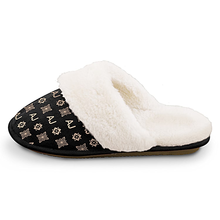 Just My Style Womens Black Faux Suede Slippers Adorned With An All