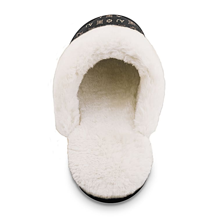 Just My Style Womens Black Faux Suede Slippers Adorned With An All Over Pattern Of Personalized Initials And Lined With Cozy Faux Fur