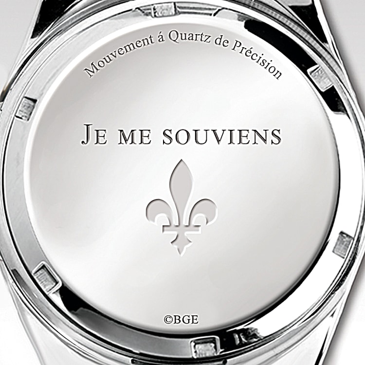 Spirit Of Quebec Stainless Steel Watch With 2 Toned Band Featuring A Vibrant Black And Blue Watch Face Adorned With A Silver Toned Fleur de lis Symbol