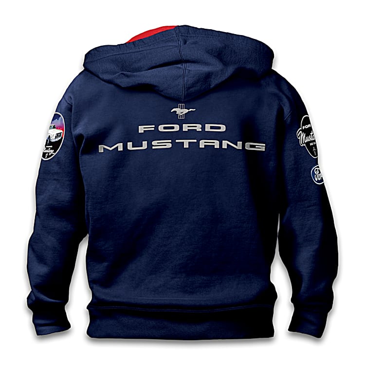 True American Legend Mens Blue Cotton Blend Knit Full Zip Hoodie Featuring Officially Licensed Ford Mustang Embroidered Patches On The Sleeves