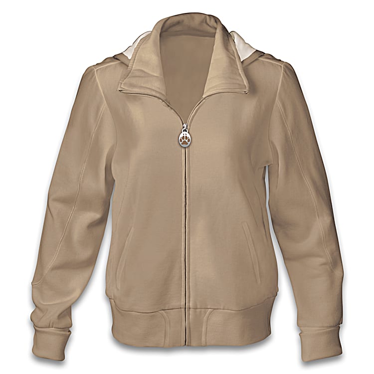 The Bond Womens Tan Cotton Poly Blend Knit Hoodie With Realistic Wolf Art By Artist Lucie Bilodeau Comes With A Silver Toned Paw Print Zipper Pull