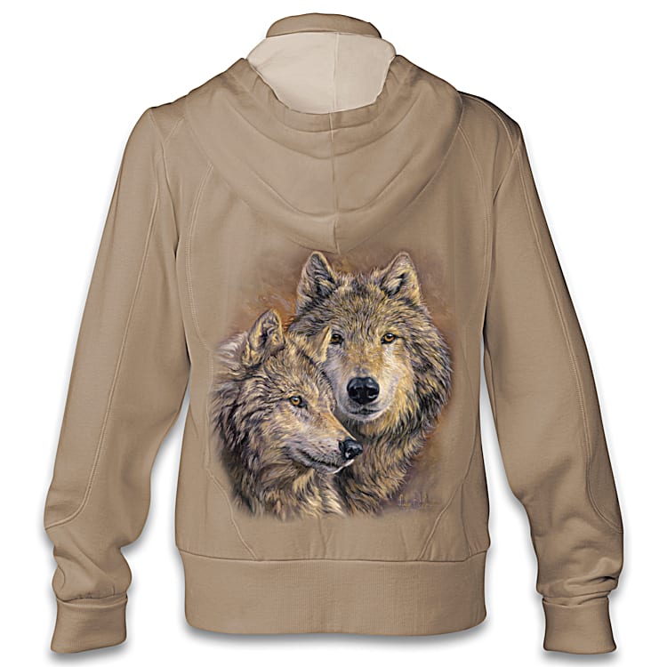 The Bond Womens Tan Cotton Poly Blend Knit Hoodie With Realistic Wolf Art By Artist Lucie Bilodeau Comes With A Silver Toned Paw Print Zipper Pull