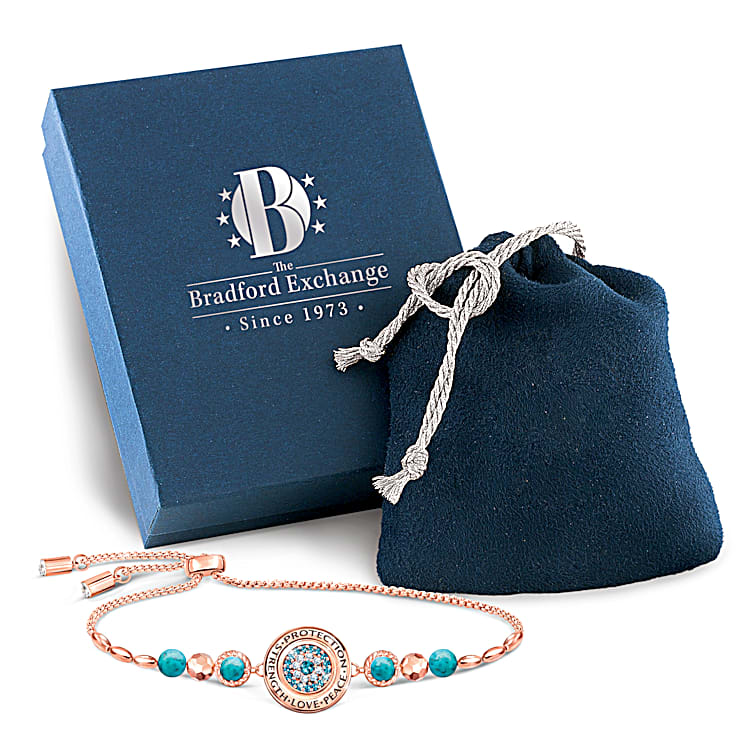 Eye Of Protection Copper Bracelet Adorned With 4 Turquoise Beads And Over 20 Blue And White Crystals