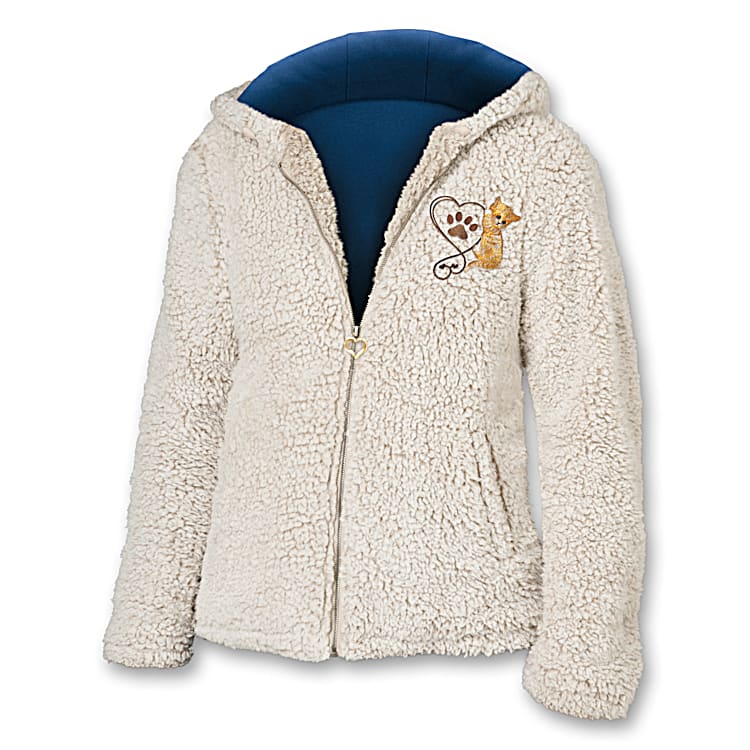 Purr fectly Cozy Cats Womens Cream Colour Lightweight Sherpa Jacket Lined In A Blue Jersey Knit And Features Embroidered Cat Art